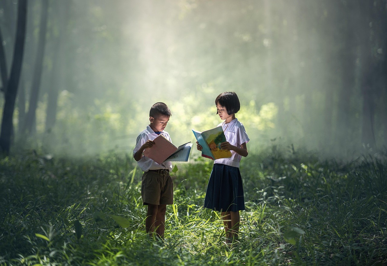 Leeshoek in een zonnige tuin met boeken.