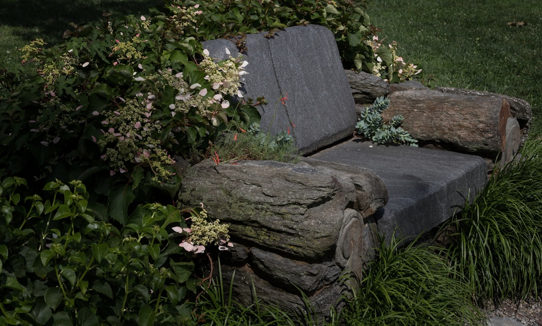 Steenmeubilair omringd door groene tuinplanten. Steenmeubilair omringd door groene tuinplanten.